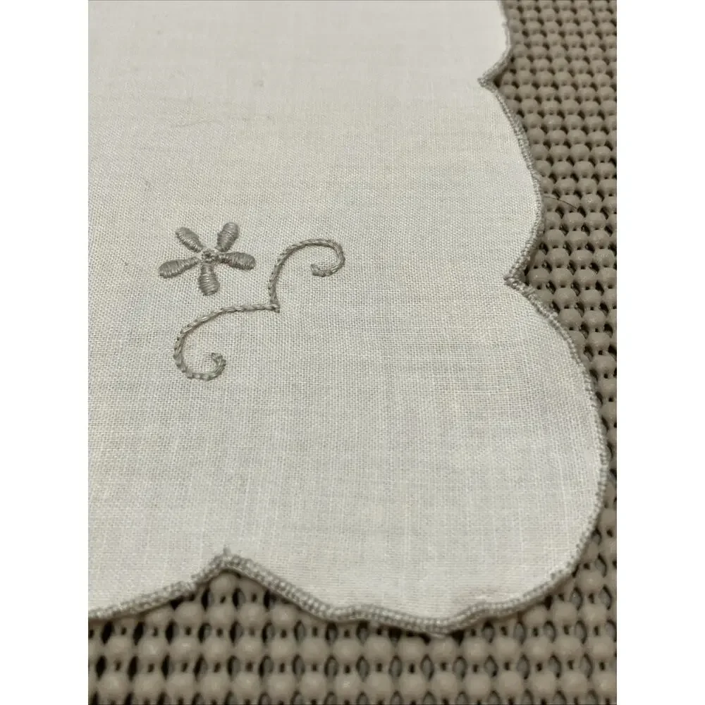 Cocktail Napkins Embroidered Scalloped Off-White Gray Silver Edge Set of 8